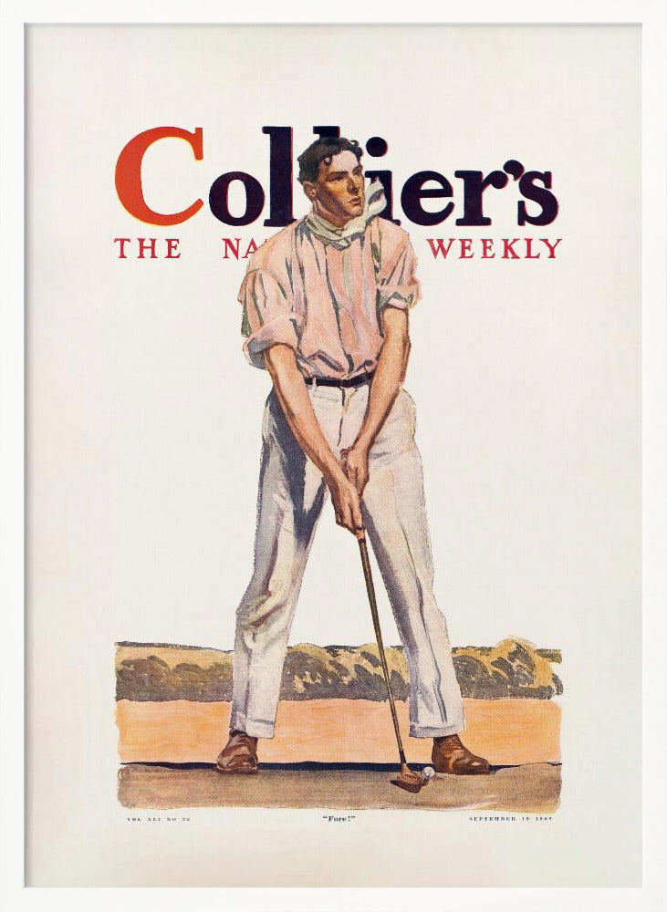 A vintage Collier's magazine cover from September 19, 1908, featuring an illustration of a male golfer in a pink shirt and white pants, mid-swing with a golf club. The magazine's title is prominent at the top, and the word 'Fore!' is at the bottom. Decor