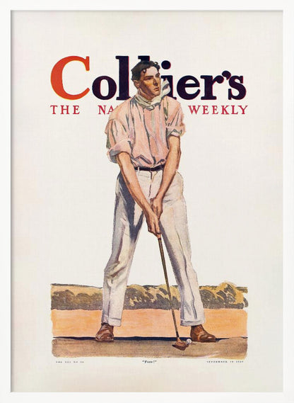 A vintage Collier's magazine cover from September 19, 1908, featuring an illustration of a male golfer in a pink shirt and white pants, mid-swing with a golf club. The magazine's title is prominent at the top, and the word 'Fore!' is at the bottom. Decor