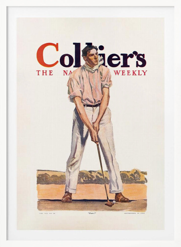 A vintage Collier's magazine cover from September 19, 1908, featuring an illustration of a male golfer in a pink shirt and white pants, mid-swing with a golf club. The magazine's title is prominent at the top, and the word 'Fore!' is at the bottom. Decor