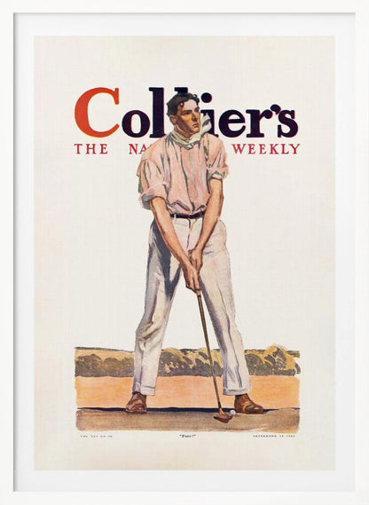 A vintage Collier's magazine cover from September 19, 1908, featuring an illustration of a male golfer in a pink shirt and white pants, mid-swing with a golf club. The magazine's title is prominent at the top, and the word 'Fore!' is at the bottom. Decor
