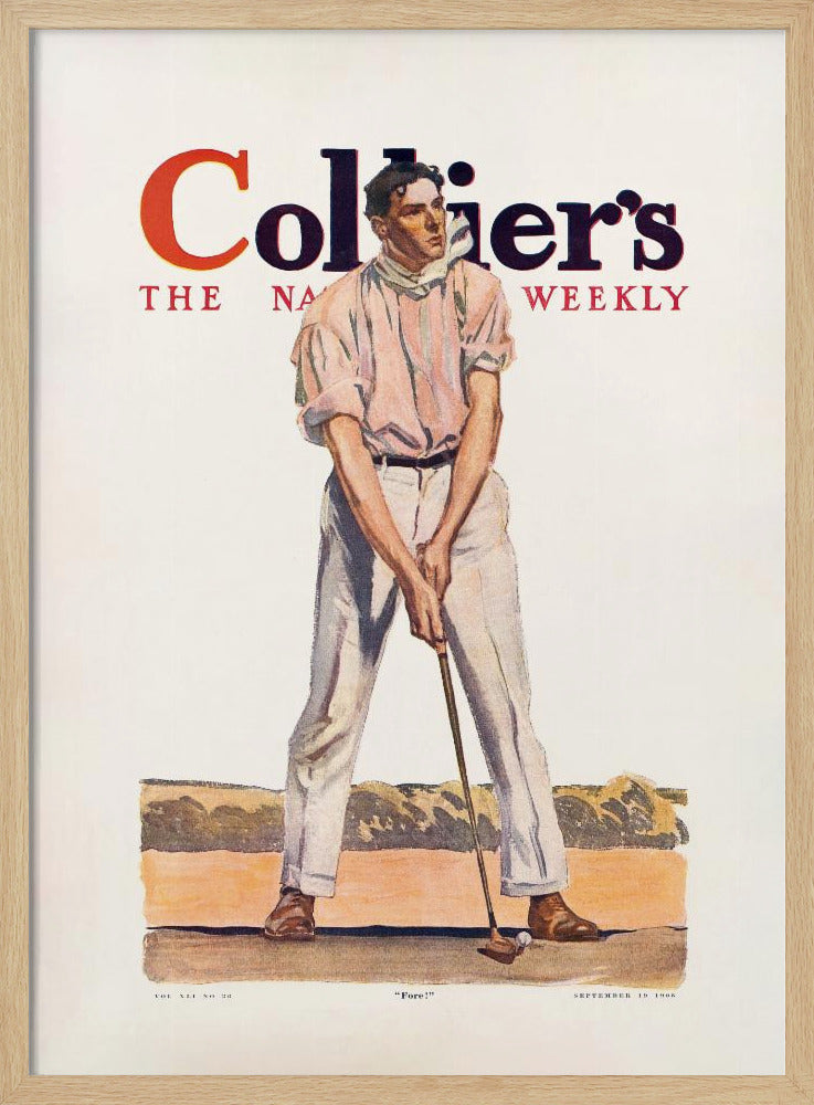 A vintage Collier's magazine cover from September 19, 1908, featuring an illustration of a male golfer in a pink shirt and white pants, mid-swing with a golf club. The magazine's title is prominent at the top, and the word 'Fore!' is at the bottom. Decor
