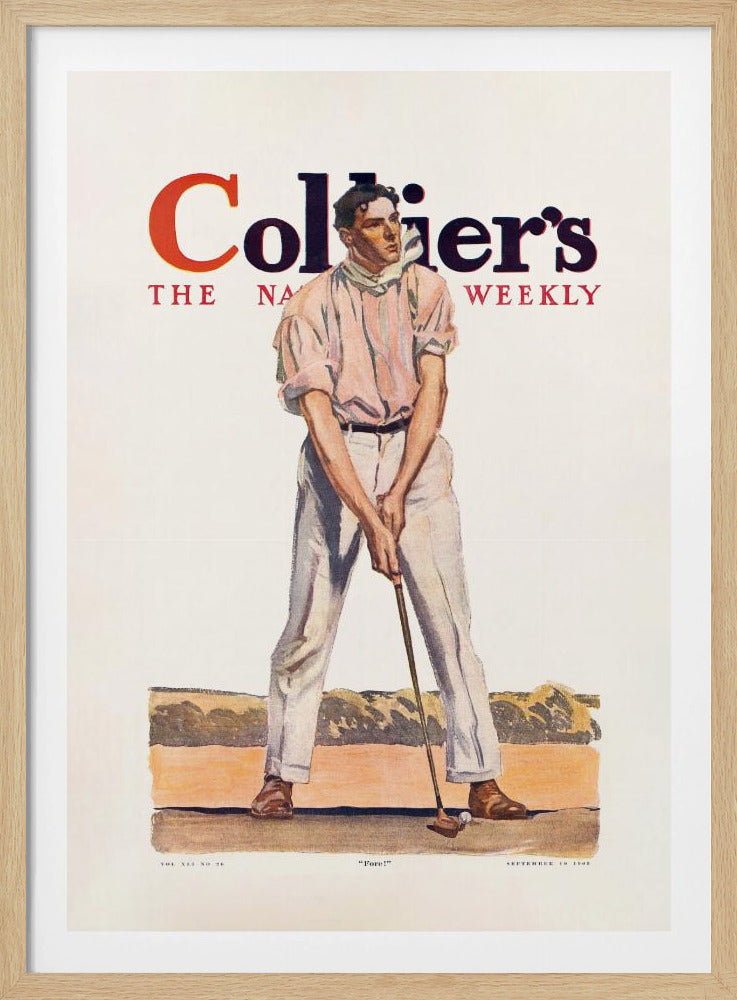 A vintage Collier's magazine cover from September 19, 1908, featuring an illustration of a male golfer in a pink shirt and white pants, mid-swing with a golf club. The magazine's title is prominent at the top, and the word 'Fore!' is at the bottom. Decor