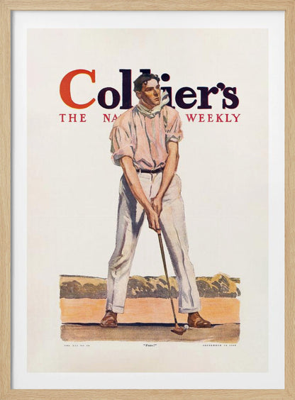 A vintage Collier's magazine cover from September 19, 1908, featuring an illustration of a male golfer in a pink shirt and white pants, mid-swing with a golf club. The magazine's title is prominent at the top, and the word 'Fore!' is at the bottom. Decor