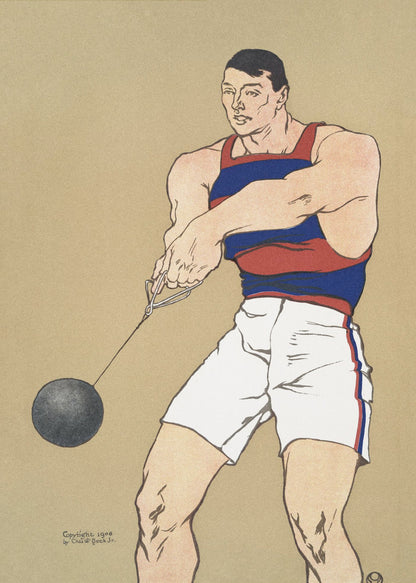 A vintage illustration from 1908 depicting a muscular male athlete preparing for a hammer throw. He wears a red and blue striped singlet and white shorts, holding the hammer with both hands against a plain beige background. Print
