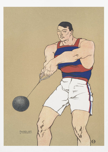 A vintage illustration from 1908 depicting a muscular male athlete preparing for a hammer throw. He wears a red and blue striped singlet and white shorts, holding the hammer with both hands against a plain beige background. Print