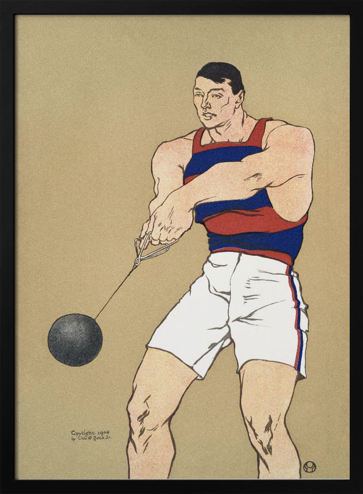 A vintage illustration from 1908 depicting a muscular male athlete preparing for a hammer throw. He wears a red and blue striped singlet and white shorts, holding the hammer with both hands against a plain beige background. Print