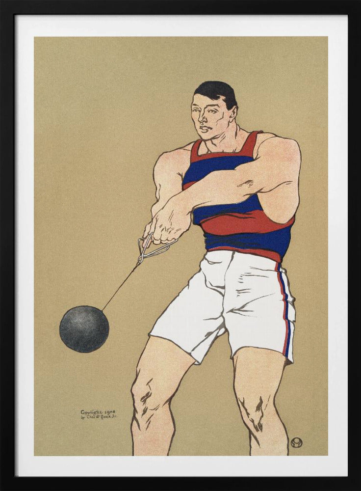 A vintage illustration from 1908 depicting a muscular male athlete preparing for a hammer throw. He wears a red and blue striped singlet and white shorts, holding the hammer with both hands against a plain beige background. Print