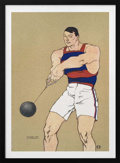 A vintage illustration from 1908 depicting a muscular male athlete preparing for a hammer throw. He wears a red and blue striped singlet and white shorts, holding the hammer with both hands against a plain beige background. Print