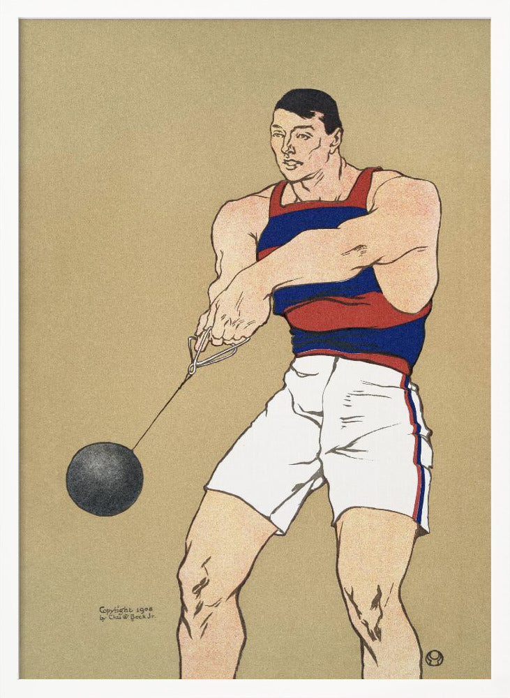 A vintage illustration from 1908 depicting a muscular male athlete preparing for a hammer throw. He wears a red and blue striped singlet and white shorts, holding the hammer with both hands against a plain beige background. Print