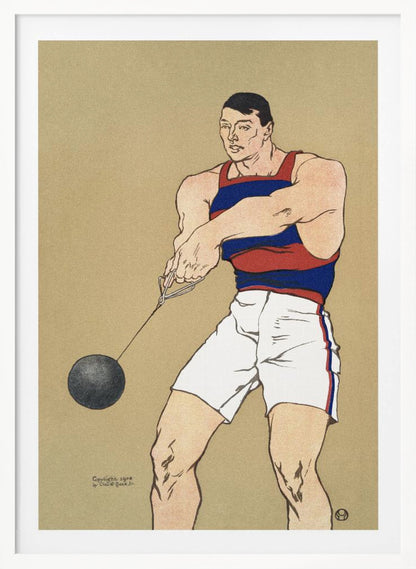 A vintage illustration from 1908 depicting a muscular male athlete preparing for a hammer throw. He wears a red and blue striped singlet and white shorts, holding the hammer with both hands against a plain beige background. Print
