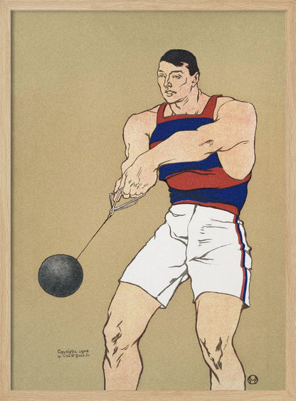 A vintage illustration from 1908 depicting a muscular male athlete preparing for a hammer throw. He wears a red and blue striped singlet and white shorts, holding the hammer with both hands against a plain beige background. Print