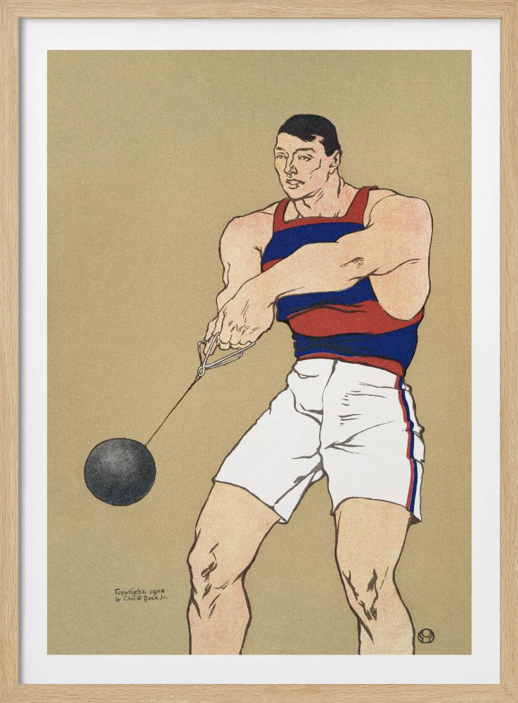 A vintage illustration from 1908 depicting a muscular male athlete preparing for a hammer throw. He wears a red and blue striped singlet and white shorts, holding the hammer with both hands against a plain beige background. Print
