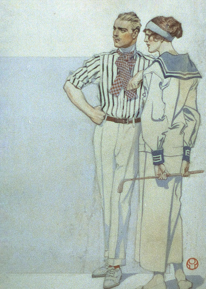 A vintage Art Deco illustration of a stylish couple from the 1920s. The man wears a striped shirt and ascot, while the woman wears a sailor-style dress and holds a golf club. Decor