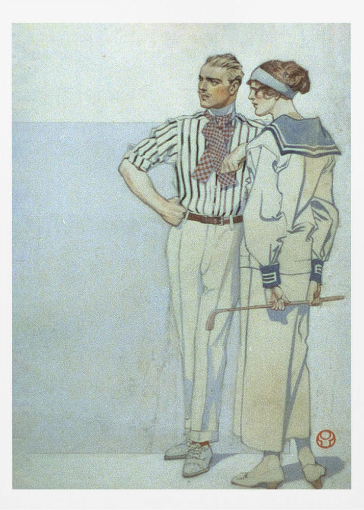 A vintage Art Deco illustration of a stylish couple from the 1920s. The man wears a striped shirt and ascot, while the woman wears a sailor-style dress and holds a golf club. Decor