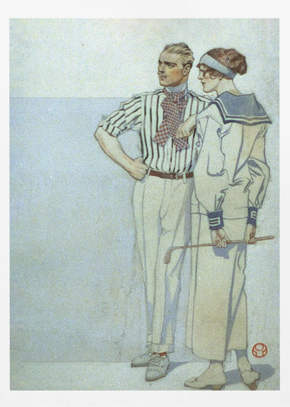 A vintage Art Deco illustration of a stylish couple from the 1920s. The man wears a striped shirt and ascot, while the woman wears a sailor-style dress and holds a golf club. Decor