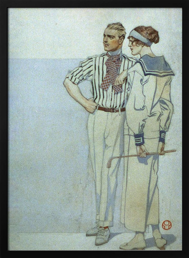 A vintage Art Deco illustration of a stylish couple from the 1920s. The man wears a striped shirt and ascot, while the woman wears a sailor-style dress and holds a golf club. Decor
