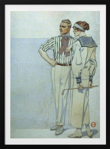 A vintage Art Deco illustration of a stylish couple from the 1920s. The man wears a striped shirt and ascot, while the woman wears a sailor-style dress and holds a golf club. Decor