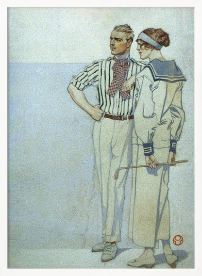 A vintage Art Deco illustration of a stylish couple from the 1920s. The man wears a striped shirt and ascot, while the woman wears a sailor-style dress and holds a golf club. Decor