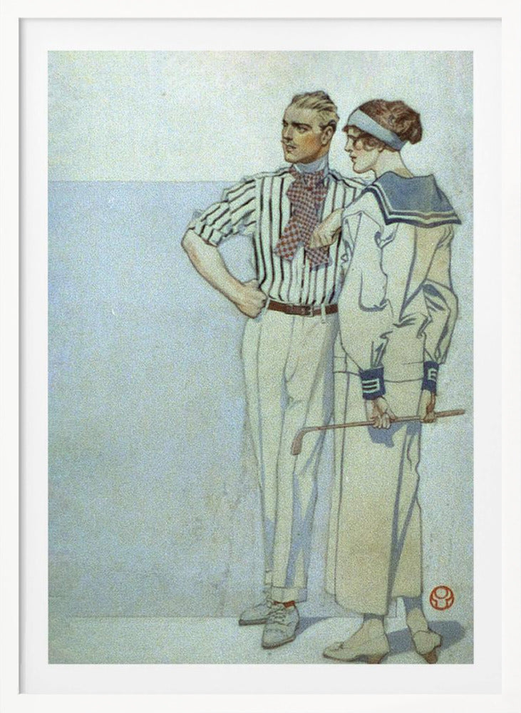 A vintage Art Deco illustration of a stylish couple from the 1920s. The man wears a striped shirt and ascot, while the woman wears a sailor-style dress and holds a golf club. Decor