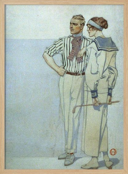 A vintage Art Deco illustration of a stylish couple from the 1920s. The man wears a striped shirt and ascot, while the woman wears a sailor-style dress and holds a golf club. Decor