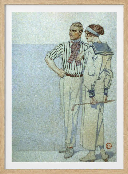 A vintage Art Deco illustration of a stylish couple from the 1920s. The man wears a striped shirt and ascot, while the woman wears a sailor-style dress and holds a golf club. Decor