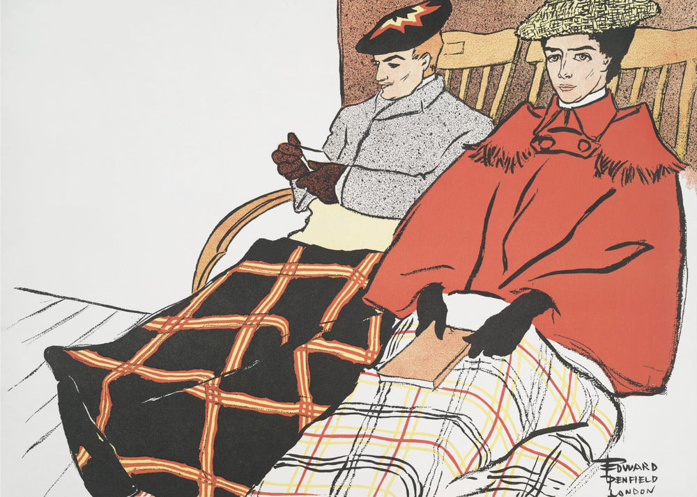 A vintage illustration by Edward Penfield depicting a man and a woman sitting in wooden chairs. The woman in the foreground wears a bright red cape and holds a book, with a white and red plaid blanket on her lap. The man behind her wears a grey coat and has a black and red plaid blanket covering his legs. Poster