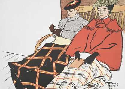 A vintage illustration by Edward Penfield depicting a man and a woman sitting in wooden chairs. The woman in the foreground wears a bright red cape and holds a book, with a white and red plaid blanket on her lap. The man behind her wears a grey coat and has a black and red plaid blanket covering his legs. Poster