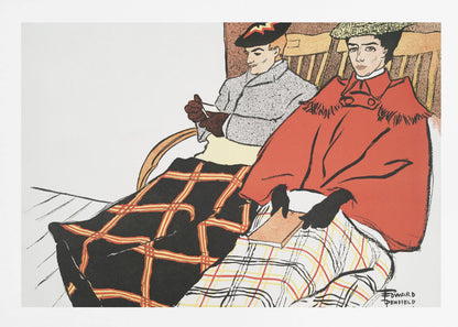 A vintage illustration by Edward Penfield depicting a man and a woman sitting in wooden chairs. The woman in the foreground wears a bright red cape and holds a book, with a white and red plaid blanket on her lap. The man behind her wears a grey coat and has a black and red plaid blanket covering his legs. Poster