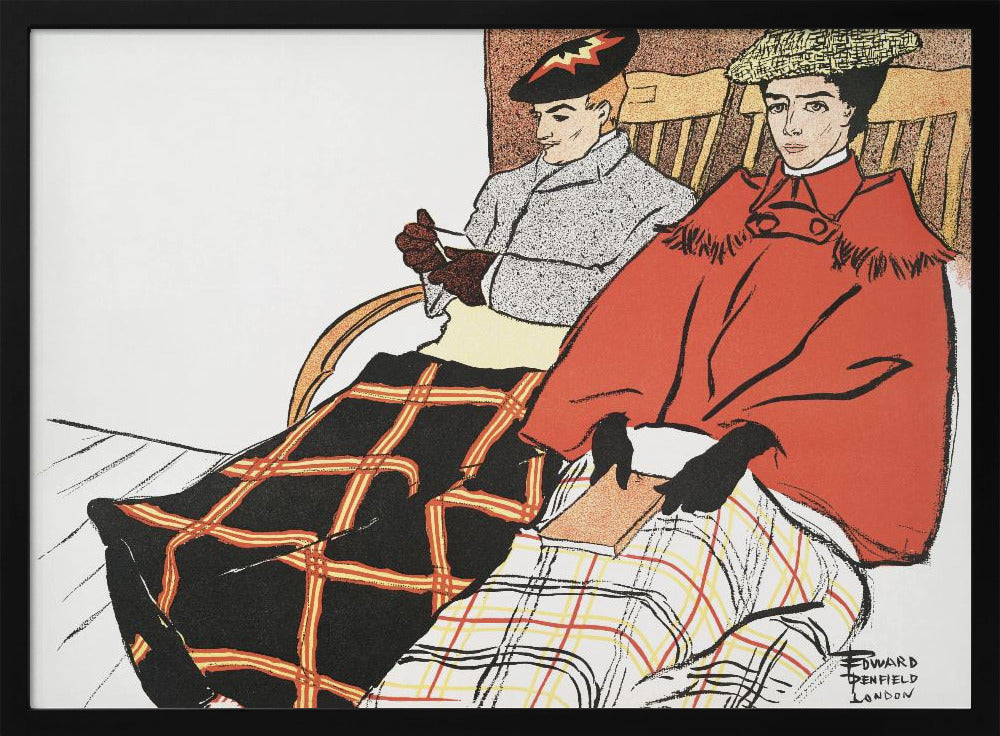 A vintage illustration by Edward Penfield depicting a man and a woman sitting in wooden chairs. The woman in the foreground wears a bright red cape and holds a book, with a white and red plaid blanket on her lap. The man behind her wears a grey coat and has a black and red plaid blanket covering his legs. Poster