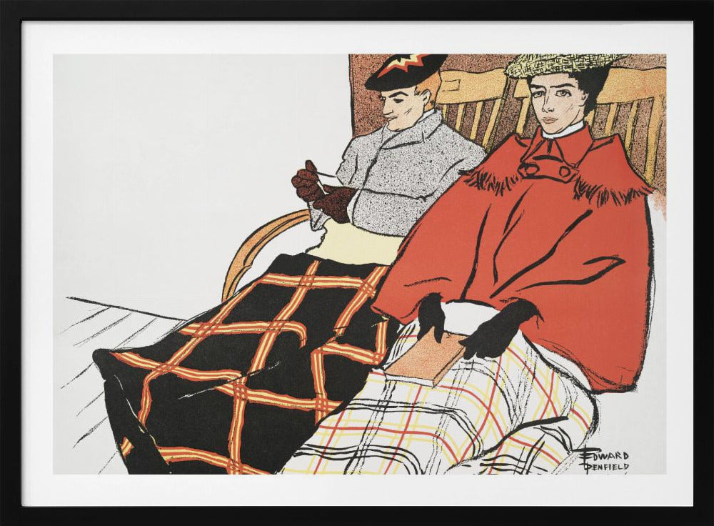 A vintage illustration by Edward Penfield depicting a man and a woman sitting in wooden chairs. The woman in the foreground wears a bright red cape and holds a book, with a white and red plaid blanket on her lap. The man behind her wears a grey coat and has a black and red plaid blanket covering his legs. Poster