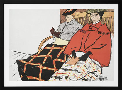 A vintage illustration by Edward Penfield depicting a man and a woman sitting in wooden chairs. The woman in the foreground wears a bright red cape and holds a book, with a white and red plaid blanket on her lap. The man behind her wears a grey coat and has a black and red plaid blanket covering his legs. Poster