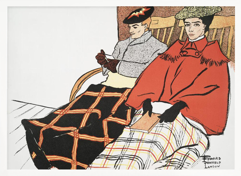 A vintage illustration by Edward Penfield depicting a man and a woman sitting in wooden chairs. The woman in the foreground wears a bright red cape and holds a book, with a white and red plaid blanket on her lap. The man behind her wears a grey coat and has a black and red plaid blanket covering his legs. Poster