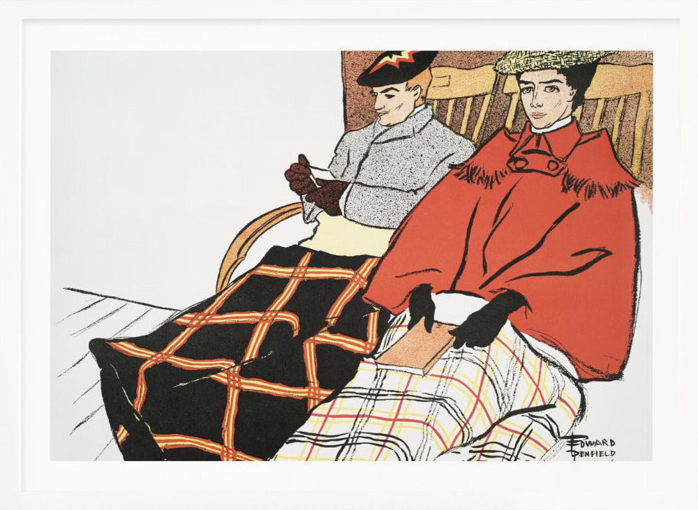 A vintage illustration by Edward Penfield depicting a man and a woman sitting in wooden chairs. The woman in the foreground wears a bright red cape and holds a book, with a white and red plaid blanket on her lap. The man behind her wears a grey coat and has a black and red plaid blanket covering his legs. Poster