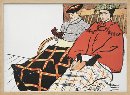 A vintage illustration by Edward Penfield depicting a man and a woman sitting in wooden chairs. The woman in the foreground wears a bright red cape and holds a book, with a white and red plaid blanket on her lap. The man behind her wears a grey coat and has a black and red plaid blanket covering his legs. Poster