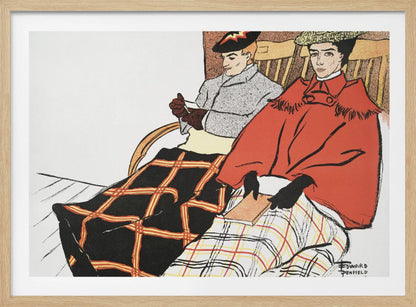 A vintage illustration by Edward Penfield depicting a man and a woman sitting in wooden chairs. The woman in the foreground wears a bright red cape and holds a book, with a white and red plaid blanket on her lap. The man behind her wears a grey coat and has a black and red plaid blanket covering his legs. Poster
