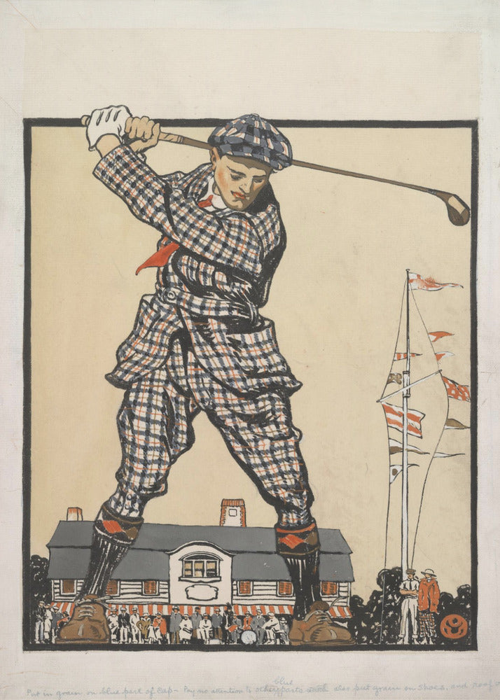 A vintage illustration of a giant golfer in a blue and red plaid suit and cap, taking a powerful swing while standing astride a clubhouse, with a crowd of tiny people watching from below. Wall Art