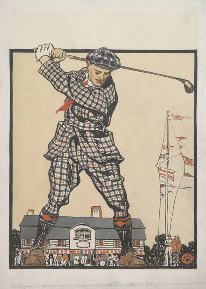 A vintage illustration of a giant golfer in a blue and red plaid suit and cap, taking a powerful swing while standing astride a clubhouse, with a crowd of tiny people watching from below. Wall Art