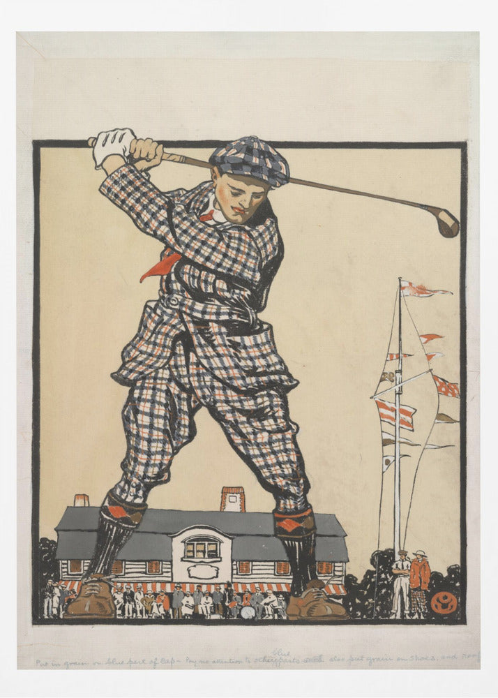 A vintage illustration of a giant golfer in a blue and red plaid suit and cap, taking a powerful swing while standing astride a clubhouse, with a crowd of tiny people watching from below. Wall Art
