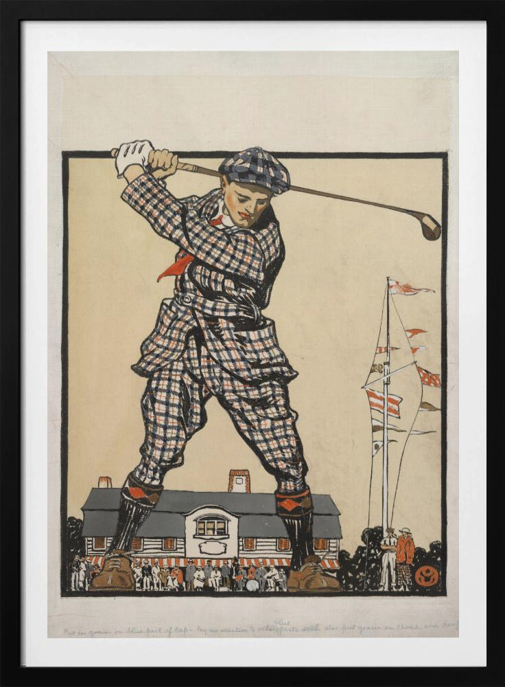 A vintage illustration of a giant golfer in a blue and red plaid suit and cap, taking a powerful swing while standing astride a clubhouse, with a crowd of tiny people watching from below. Wall Art