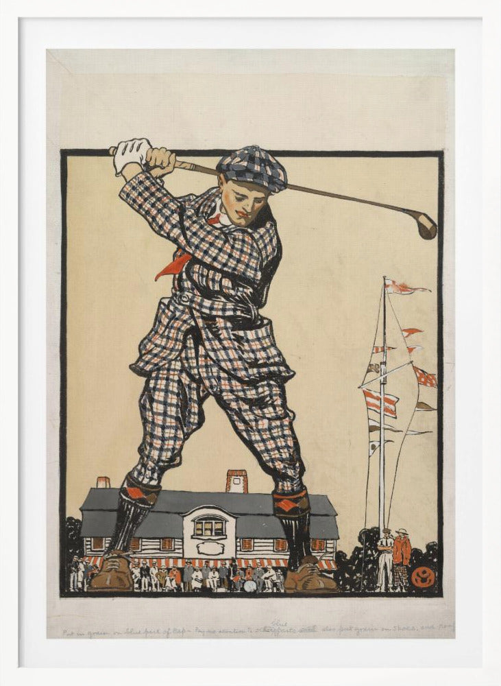 A vintage illustration of a giant golfer in a blue and red plaid suit and cap, taking a powerful swing while standing astride a clubhouse, with a crowd of tiny people watching from below. Wall Art