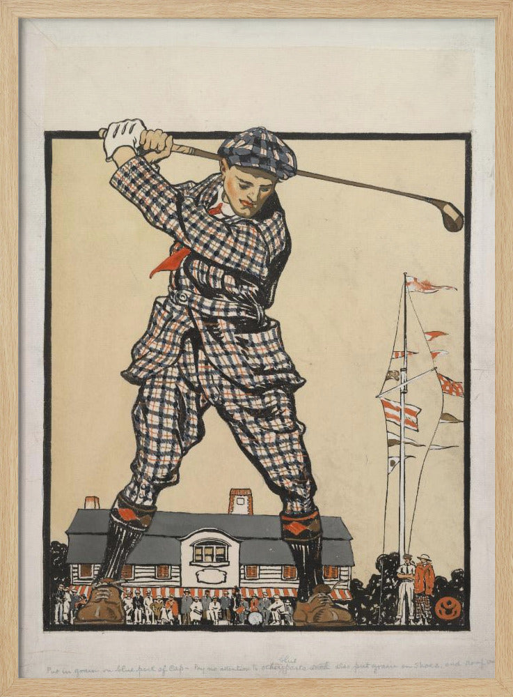 A vintage illustration of a giant golfer in a blue and red plaid suit and cap, taking a powerful swing while standing astride a clubhouse, with a crowd of tiny people watching from below. Wall Art