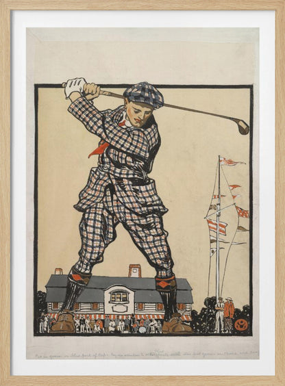 A vintage illustration of a giant golfer in a blue and red plaid suit and cap, taking a powerful swing while standing astride a clubhouse, with a crowd of tiny people watching from below. Wall Art