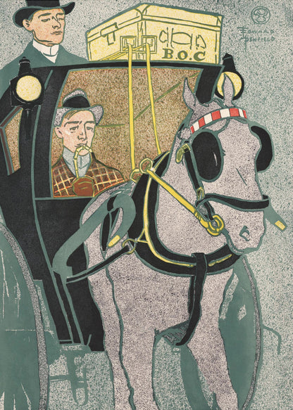 A vintage Art Nouveau style illustration by Edward Penfield depicting a horse-drawn carriage. A stippled gray horse in black and yellow harness is in the foreground, while a man in a plaid coat smokes a pipe inside the black carriage. Another man in a top hat stands on the carriage, with yellow luggage labeled 'B.O.C' on the roof. Poster
