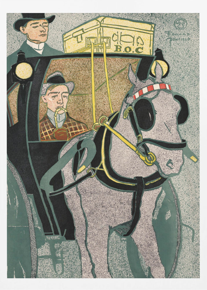 A vintage Art Nouveau style illustration by Edward Penfield depicting a horse-drawn carriage. A stippled gray horse in black and yellow harness is in the foreground, while a man in a plaid coat smokes a pipe inside the black carriage. Another man in a top hat stands on the carriage, with yellow luggage labeled 'B.O.C' on the roof. Poster