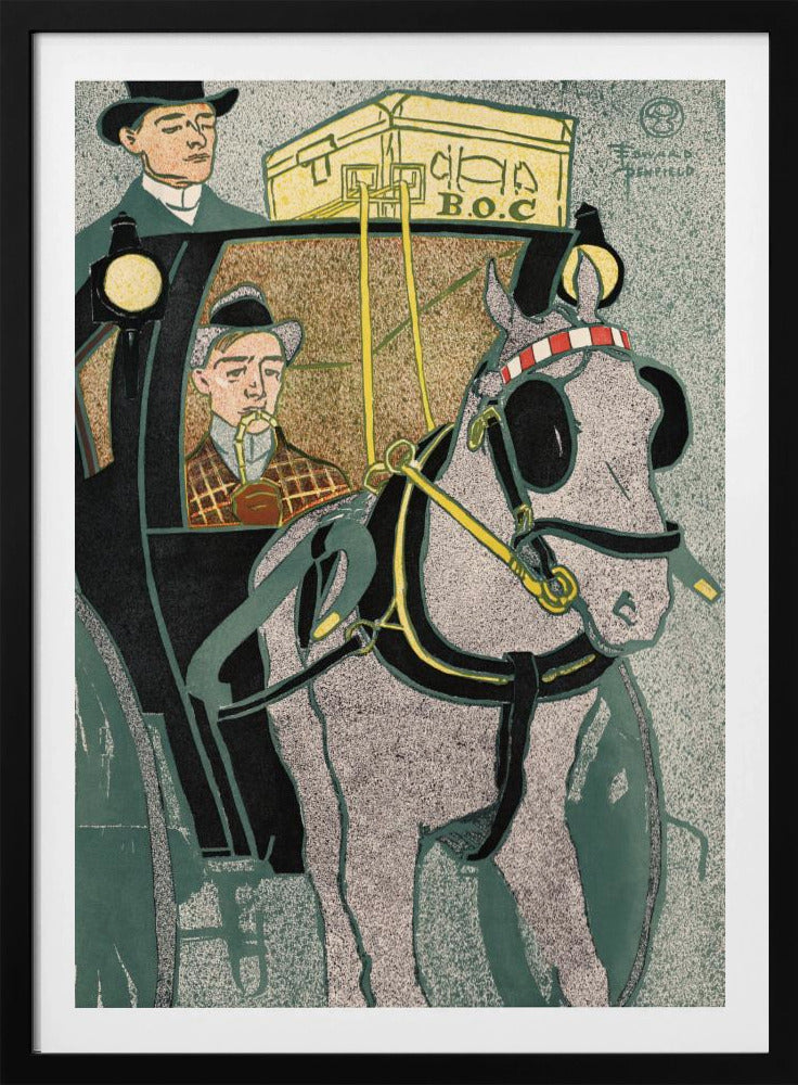 A vintage Art Nouveau style illustration by Edward Penfield depicting a horse-drawn carriage. A stippled gray horse in black and yellow harness is in the foreground, while a man in a plaid coat smokes a pipe inside the black carriage. Another man in a top hat stands on the carriage, with yellow luggage labeled 'B.O.C' on the roof. Poster