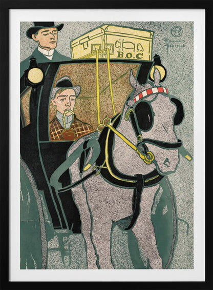 A vintage Art Nouveau style illustration by Edward Penfield depicting a horse-drawn carriage. A stippled gray horse in black and yellow harness is in the foreground, while a man in a plaid coat smokes a pipe inside the black carriage. Another man in a top hat stands on the carriage, with yellow luggage labeled 'B.O.C' on the roof. Poster