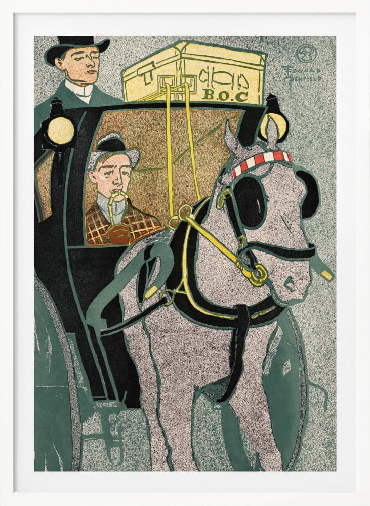A vintage Art Nouveau style illustration by Edward Penfield depicting a horse-drawn carriage. A stippled gray horse in black and yellow harness is in the foreground, while a man in a plaid coat smokes a pipe inside the black carriage. Another man in a top hat stands on the carriage, with yellow luggage labeled 'B.O.C' on the roof. Poster