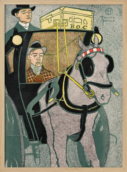 A vintage Art Nouveau style illustration by Edward Penfield depicting a horse-drawn carriage. A stippled gray horse in black and yellow harness is in the foreground, while a man in a plaid coat smokes a pipe inside the black carriage. Another man in a top hat stands on the carriage, with yellow luggage labeled 'B.O.C' on the roof. Poster
