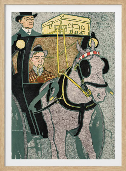 A vintage Art Nouveau style illustration by Edward Penfield depicting a horse-drawn carriage. A stippled gray horse in black and yellow harness is in the foreground, while a man in a plaid coat smokes a pipe inside the black carriage. Another man in a top hat stands on the carriage, with yellow luggage labeled 'B.O.C' on the roof. Poster