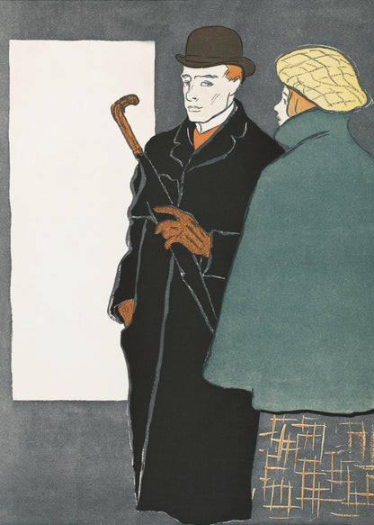 A vintage-style graphic illustration of a man and a woman. The man in the foreground wears a black overcoat, a brown bowler hat, and orange gloves while holding a closed umbrella. To his right, a woman is seen from behind, wearing a green coat and a yellow patterned cap. The background is a dark grey with a large white rectangle on the left. Wall Art